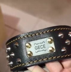 Özel Tasarım İsimli Siyah Deri Köpek Tasması