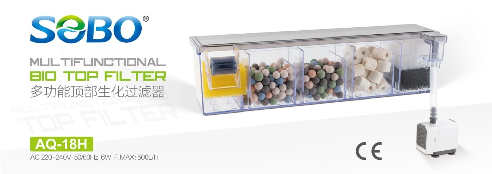 Sobo AQ-18H Biyolojik 5 Bölmeli Askı Şelale Filtre - 500 L/H 6W