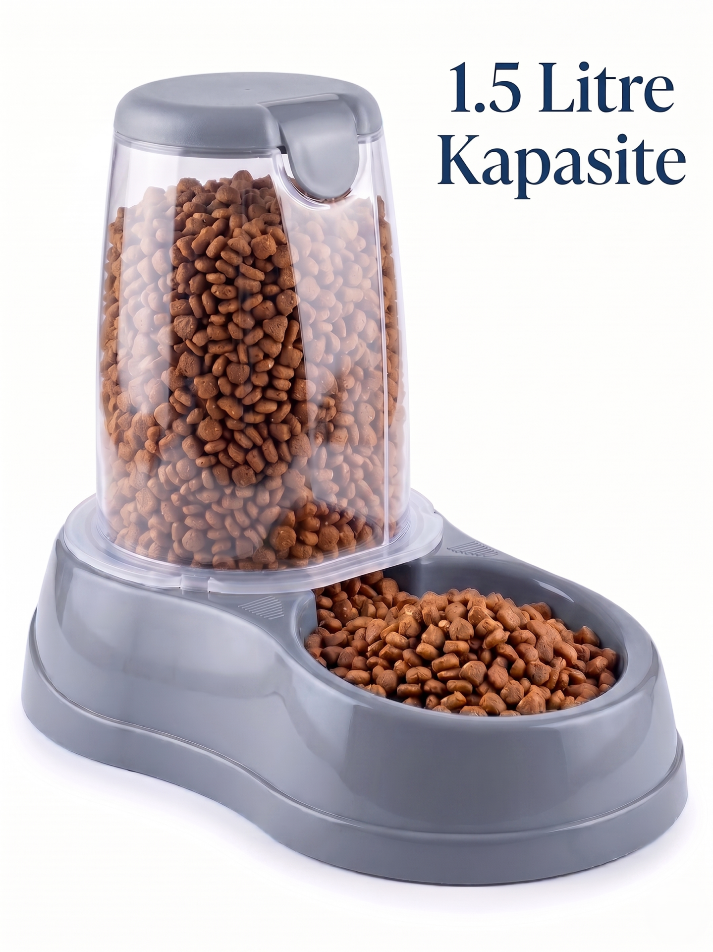 Hazneli Kedi ve Köpek Mama Kabı - Gri (1.5 Litre)