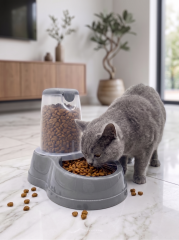 Hazneli Kedi ve Köpek Mama Kabı - Gri (1.5 Litre)