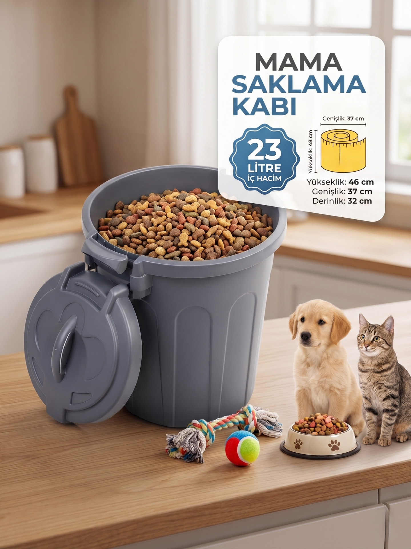 Kedi Köpek Mama Saklama Kabı Hava Sızdırmaz Kilitli 23 Litre