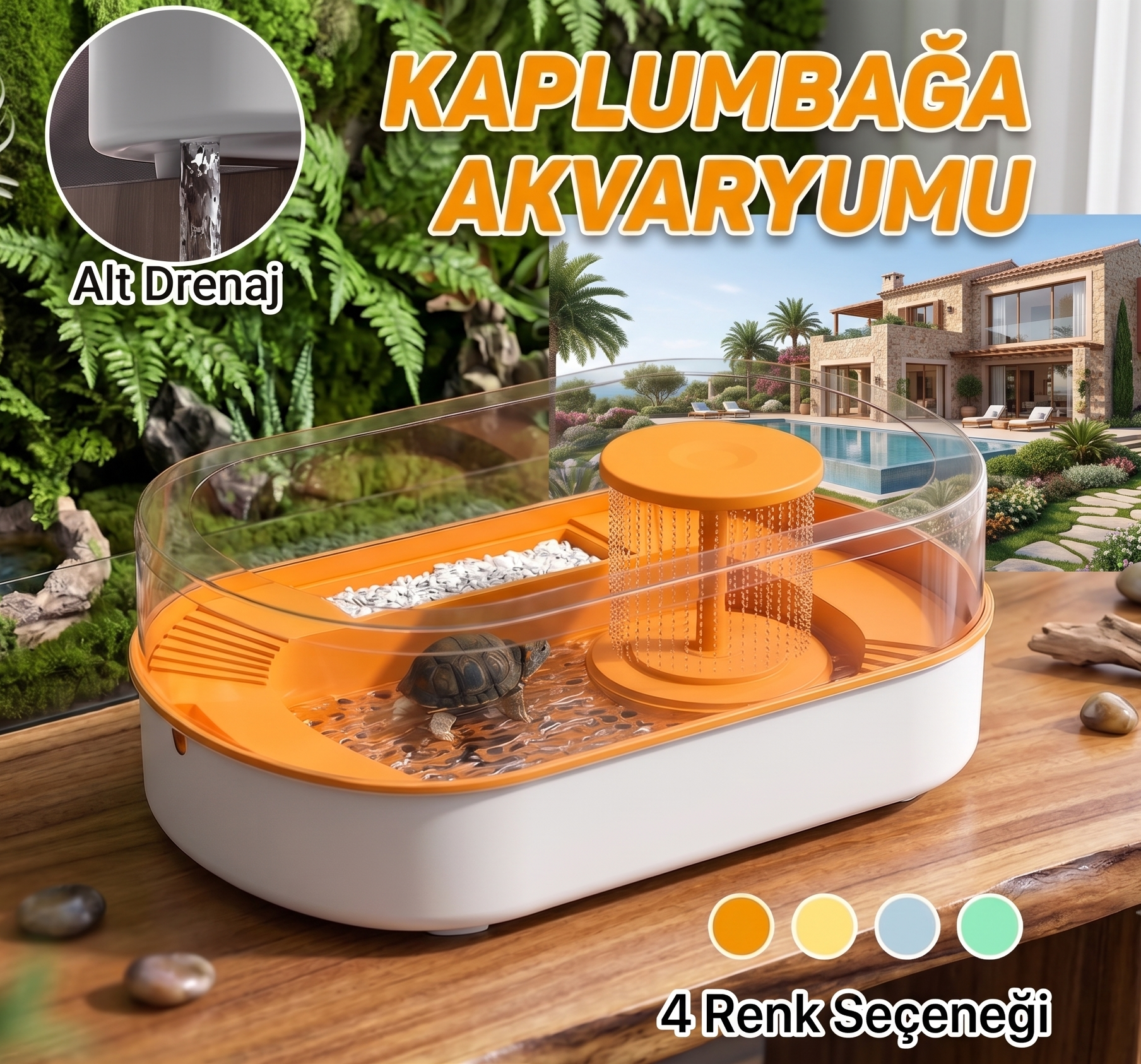 Büyük Boy Rampalı Kaplumbağa Bahçesi Akvaryumu - 52x32x19.5 cm