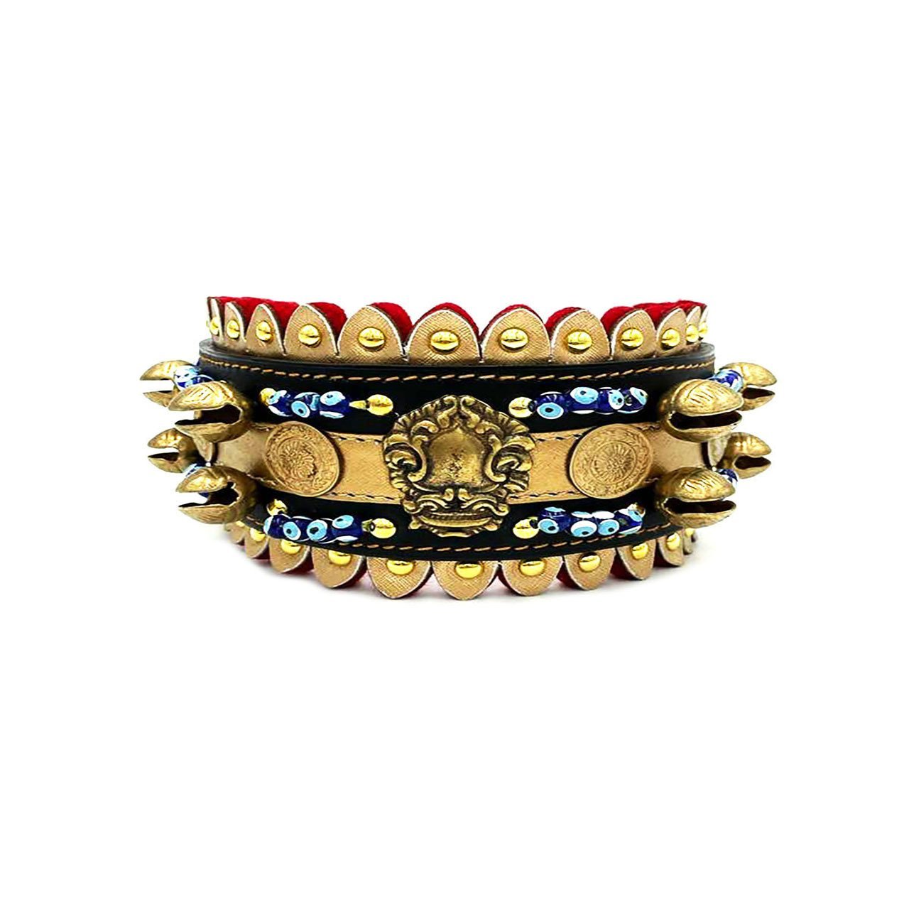 Sarı-Siyah Nazar Boncuklu 10 Zilli Deri Köpek Tasması