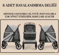 55 kg Kapasiteli Kedi ve Köpek Taşıma Arabası Katlanabilir - Gri (Büyük Boy Puset)