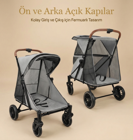 55 kg Kapasiteli Büyük Irk Köpek ve Kedi Taşıma Arabası - 108x83x60 cm (Siyah)