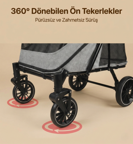 55 kg Kapasiteli Büyük Irk Köpek ve Kedi Taşıma Arabası - 108x83x60 cm (Siyah)