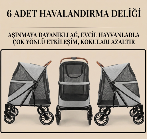 55 kg Kapasiteli Kedi ve Büyük Irk Köpek Taşıma Arabası - 108x83x60 cm (Haki)