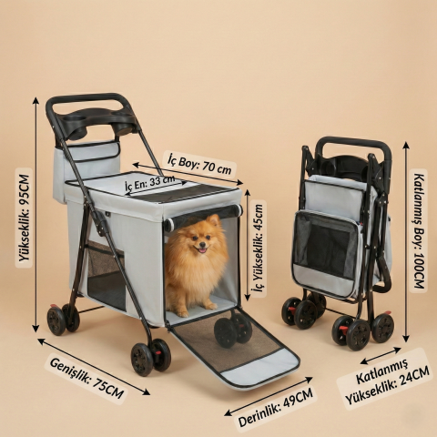Hafif Kedi ve Köpek Taşıma Arabası Katlanabilir - 95x75x49cm (Gri)