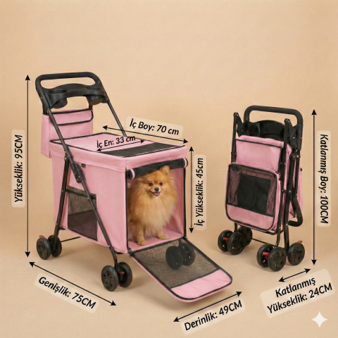 Hafif Kedi ve Köpek Taşıma Arabası Katlanabilir - 95x75x49cm (Pembe)