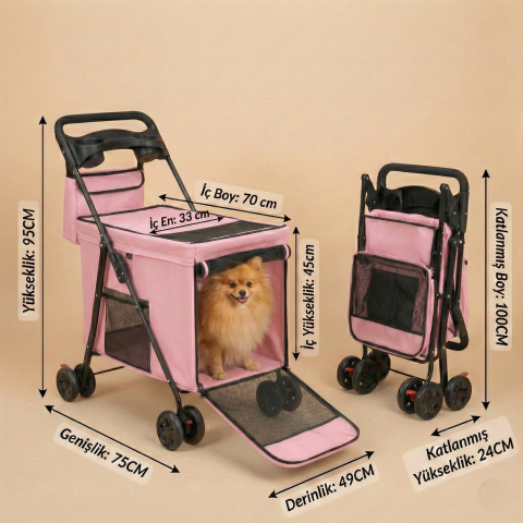 Hafif Kedi ve Köpek Taşıma Arabası Katlanabilir - 95x75x49cm (Pembe)