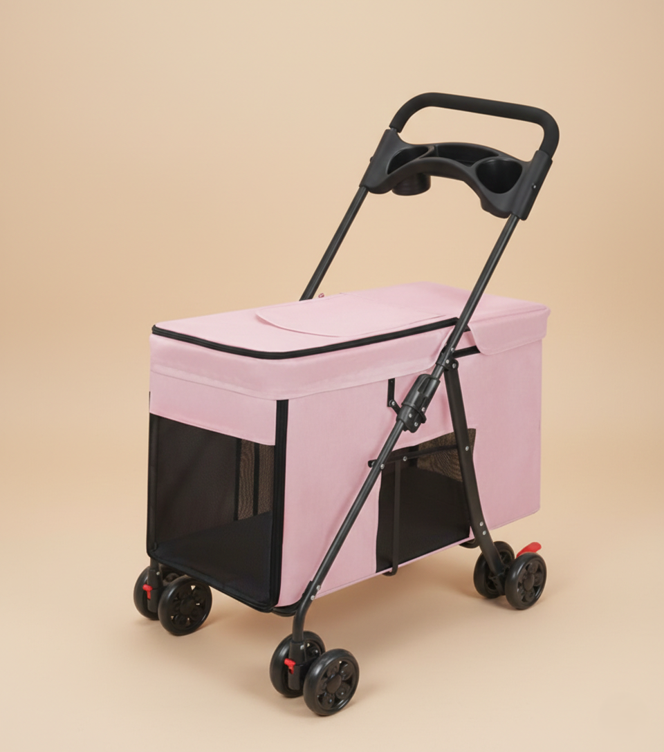 Hafif Kedi ve Köpek Taşıma Arabası Katlanabilir - 95x75x49cm (Pembe)