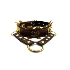 Antik Model Aslan Halkalı Lüks Deri İşlemeli Köpek Tasması