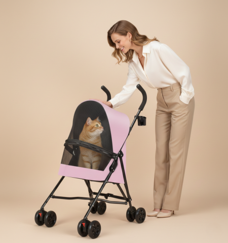 Ultra Hafif 3.8 Kg Katlanabilir Kedi Köpek Taşıma Arabası - 97x45x55cm (Pembe)