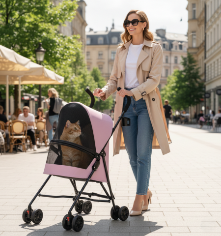 Ultra Hafif 3.8 Kg Katlanabilir Kedi Köpek Taşıma Arabası - 97x45x55cm (Pembe)