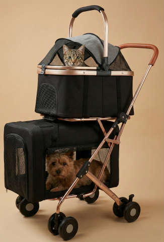 İki Katlı Çoklu Kedi ve Köpek Taşıma Arabası - 97x58x46cm (Siyah)
