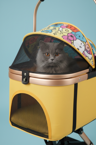 Premium Kedi Köpek Arabası - Ayrılabilir Pusetli Katlanabilir 101x62x45cm (Sarı Desenli)