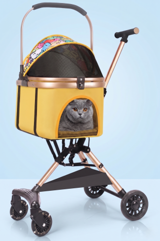 Premium Kedi Köpek Arabası - Ayrılabilir Pusetli Katlanabilir 101x62x45cm (Sarı Desenli)