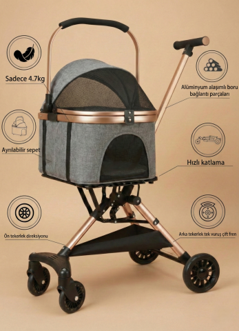 Premium Kedi Köpek Arabası - Ayrılabilir Pusetli Katlanabilir 101x62x45cm (Gri)