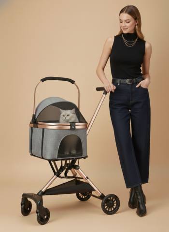 Premium Kedi Köpek Arabası - Ayrılabilir Pusetli Katlanabilir 101x62x45cm (Gri)