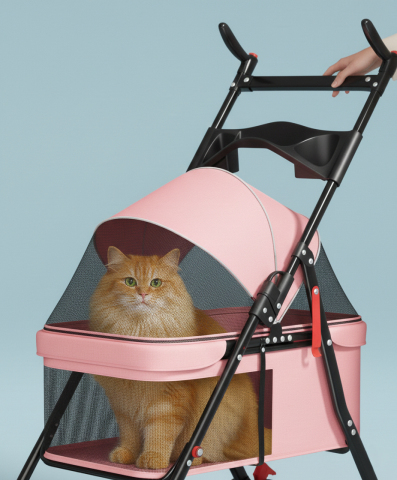 Katlanabilir Evcil Hayvan Taşıma Arabası - Kedi Köpek Arabası 101x62x45 - (Pembe)