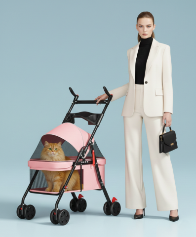 Katlanabilir Evcil Hayvan Taşıma Arabası - Kedi Köpek Arabası 101x62x45 - (Pembe)