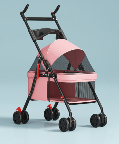 Katlanabilir Evcil Hayvan Taşıma Arabası - Kedi Köpek Arabası 101x62x45 - (Pembe)