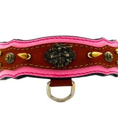 Pembe Viking Model Çivili Deri Köpek Tasması