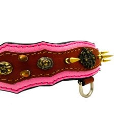 Pembe Viking Model Çivili Deri Köpek Tasması