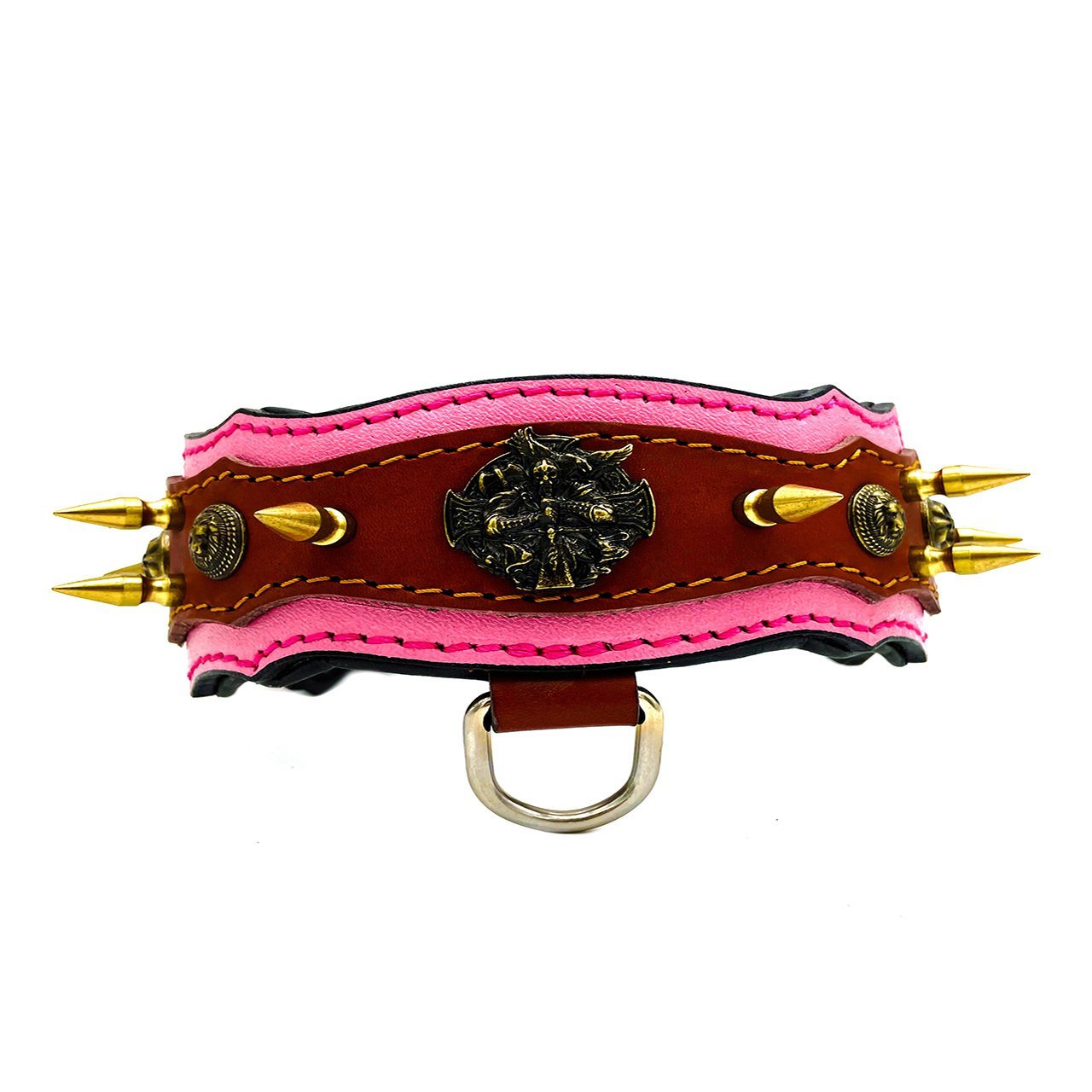 Pembe Viking Model Çivili Deri Köpek Tasması