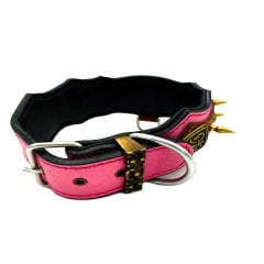 Pembe Viking Model Çivili Deri Köpek Tasması