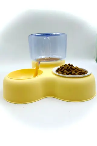 Hazneli Kedi Köpek Mama ve Su Kabı - Otomatik Su Takviyeli (Sarı) (3.2L)
