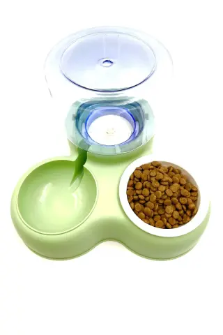 Hazneli Kedi Köpek Mama ve Su Kabı - Otomatik Su Takviyeli (Yeşil) (3.2L)