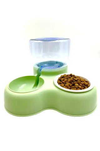 Hazneli Kedi Köpek Mama ve Su Kabı - Otomatik Su Takviyeli (Yeşil) (3.2L)
