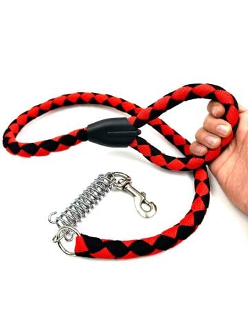 Amortisörlü Köpek Gezdirme Tasması - Dayanıklı Halat (Kırmızı-Siyah) (120cm)