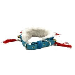 Boncuklu Püsküllü Kürklü Zilli Deri Köpek Tasması