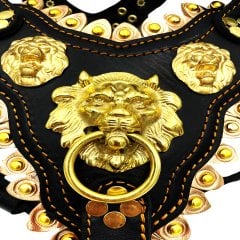 Özel Tasarım Aslan Başlı Deri Köpek Göğüs Tasması