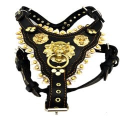 Özel Tasarım Aslan Başlı Deri Köpek Göğüs Tasması