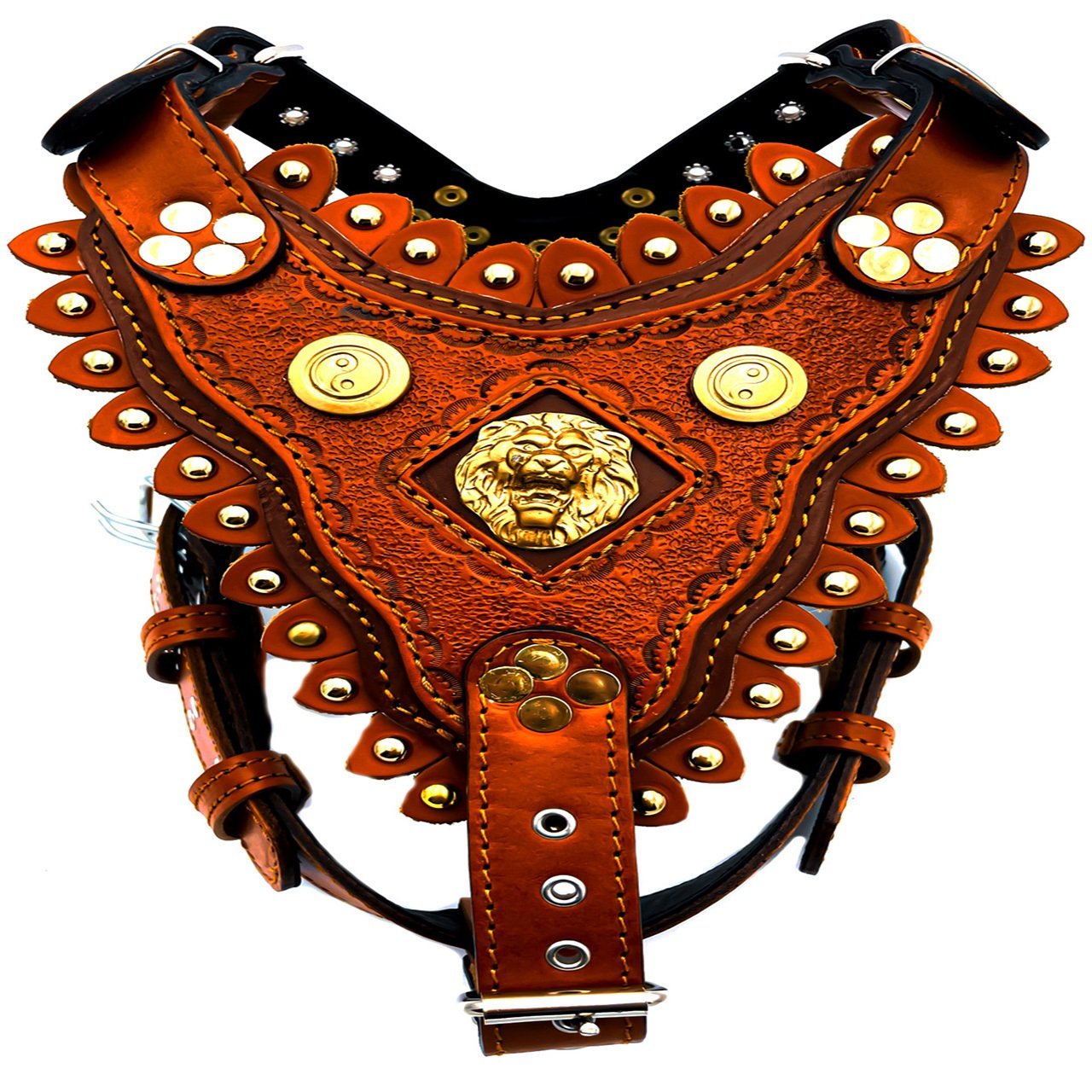 Özel Tasarım Aslan Başlı Deri İşlemeli Köpek Göğüs Tasması