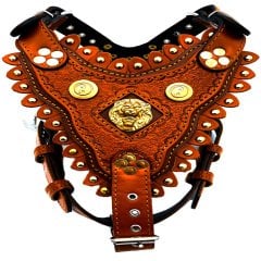 Özel Tasarım Aslan Başlı Deri İşlemeli Köpek Göğüs Tasması