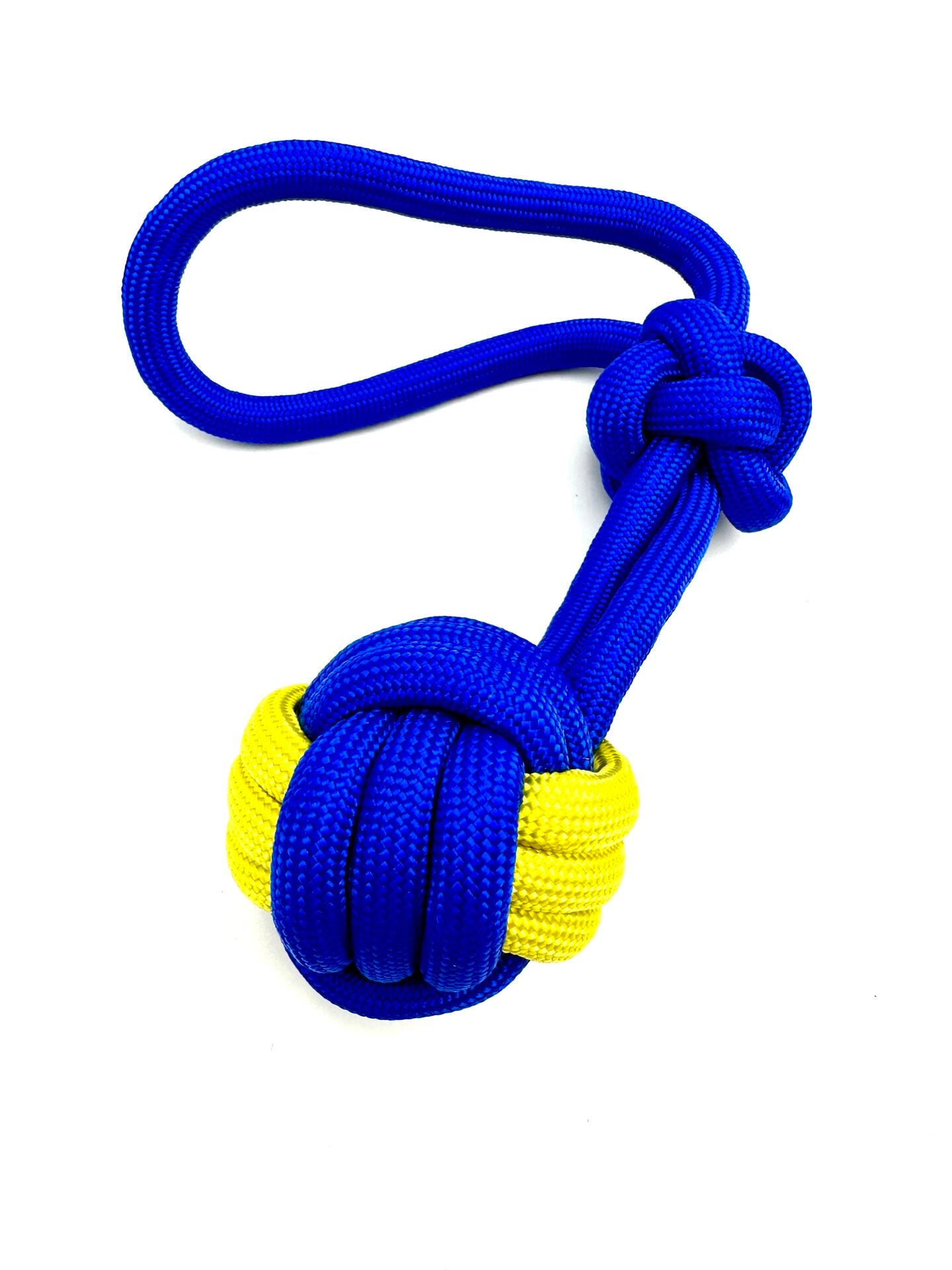 Tutma Kulplu Köpek Çekiştirme Topu - Halat 7cm (Mavi-Sarı)