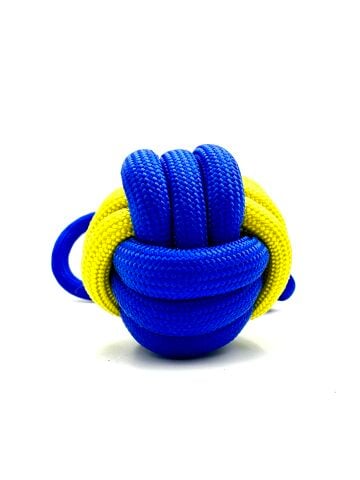 Tutma Kulplu Köpek Çekiştirme Topu - Halat 7cm (Mavi-Sarı)