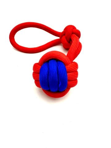 Tutma Kulplu Köpek Çekiştirme Topu - Halat 7cm (Kırmızı-Lacivert)