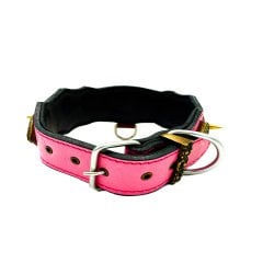 Pembe Özel Tasarım Çivili Deri Köpek Tasması