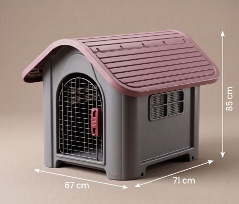 Plastik Köpek Kulübesi Metal Kapılı - Kilitli Bahçe Köpek Evi 85x71x67cm (Gri)