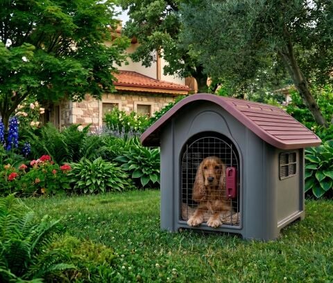 Plastik Köpek Kulübesi Metal Kapılı - Kilitli Bahçe Köpek Evi 85x71x67cm (Gri)