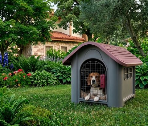 Plastik Köpek Kulübesi Metal Kapılı - Kilitli Bahçe Köpek Evi 85x71x67cm (Gri)