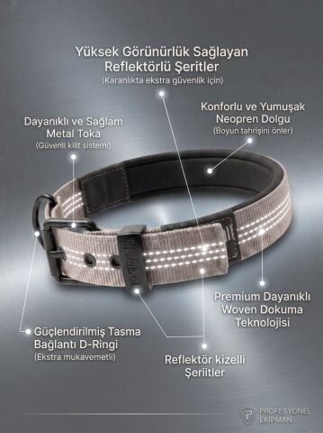 Reflektörlü Köpek Tasması - Yumuşak Dokulu Dayanıklı (Gri) (XS-M)