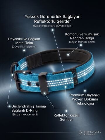 Köpek Boyun Tasması - Reflektörlü Yumuşak Dokulu (Mavi) (XS-M)