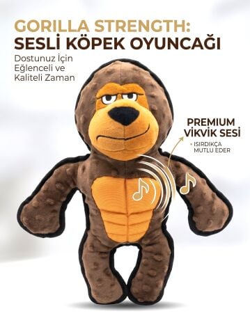 Sesli Goril Peluş Köpek Oyuncağı - Biyeli Kenar (Kahverengi) (35 cm)