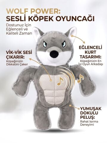 Sesli Kurt Peluş Köpek Oyuncağı - Biyeli Kenar (Gri) (35 cm)